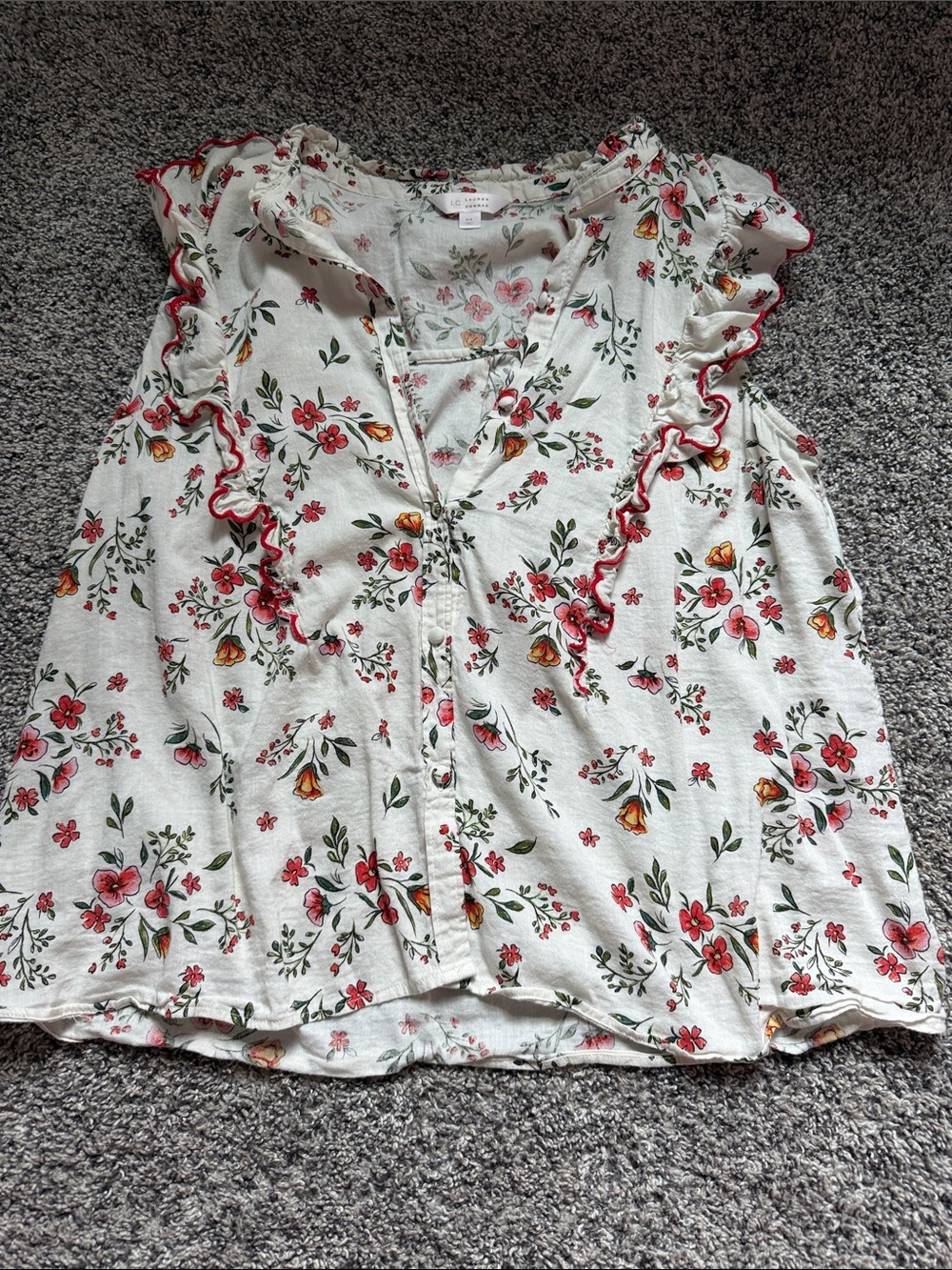 Floral Ruffle Sleeveless Top - White with Pink/Red Flowers